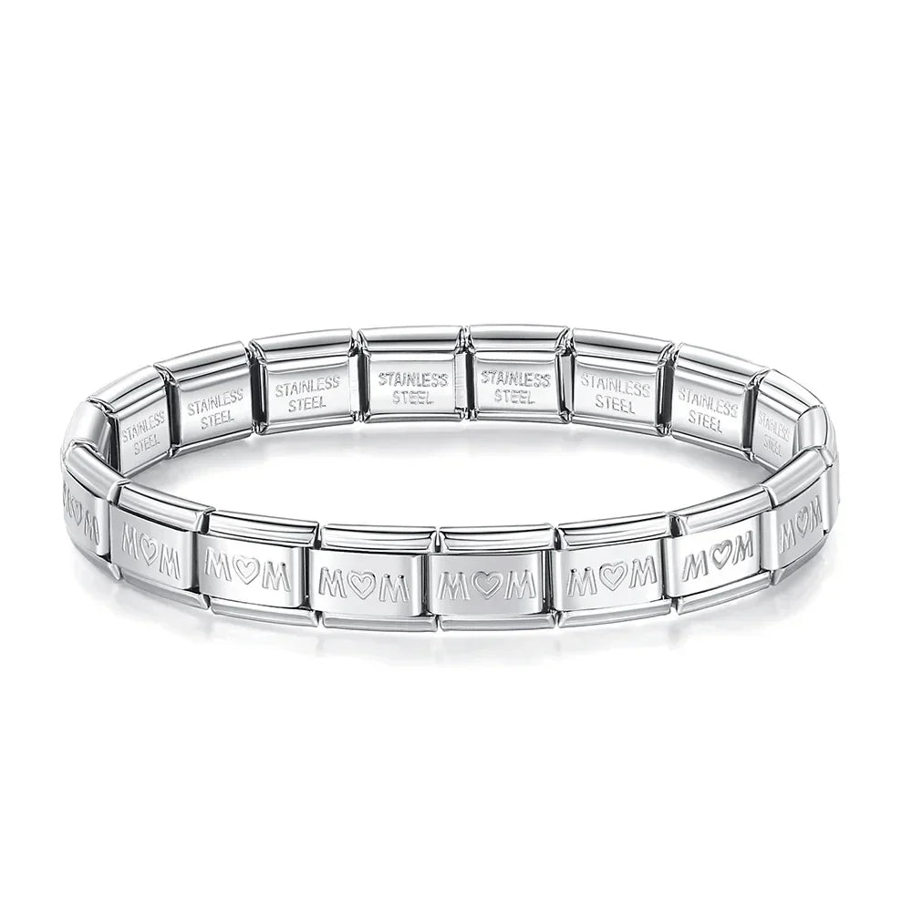 Pulseira Charms Mom e Princess em Aço Inoxidável MOM Prateado
