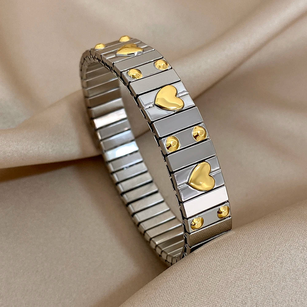 Pulseiras Elásticas Clássicas em Aço Corações Bolinhas Dourados
