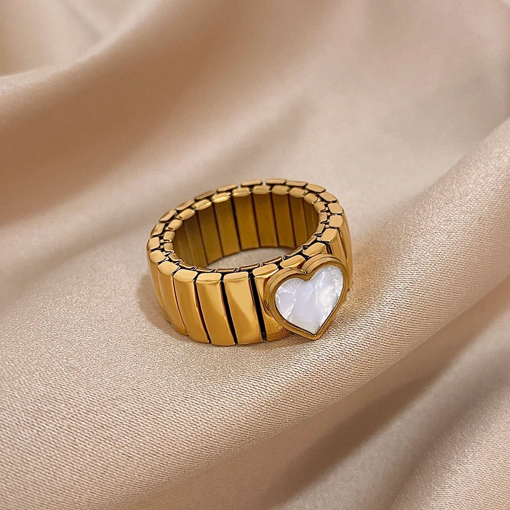 Anel Elástico em Aço Inoxidável Dourado Coração