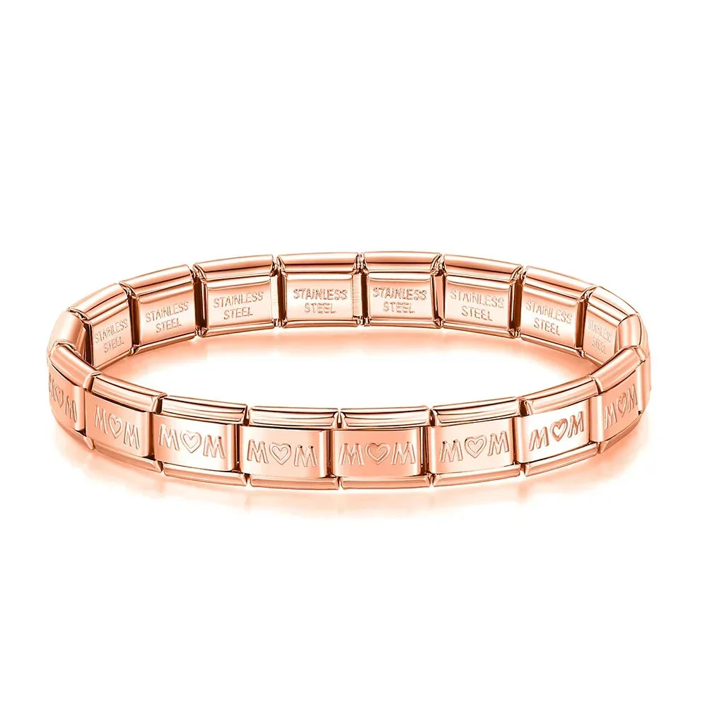 Pulseira Charms Mom e Princess em Aço Inoxidável MOM Rosa Dourado
