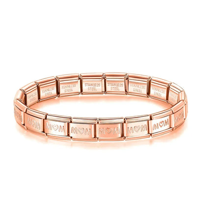 Pulseira Charms Mom e Princess em Aço Inoxidável MOM Rosa Dourado