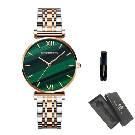 Relógio Look Moderno em Aço Inox Rosa Dourado Prateado Fundo Verde