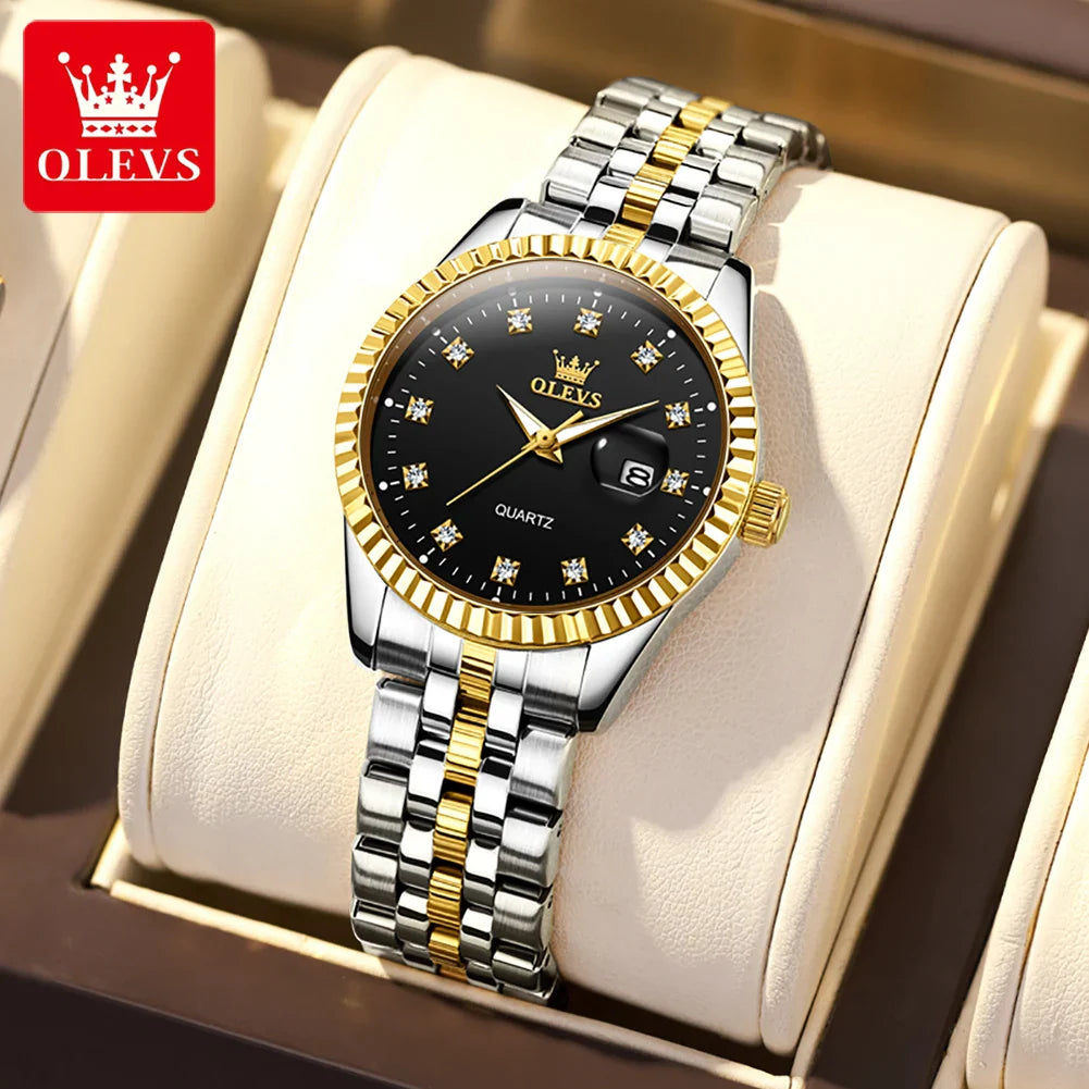 Relógio Clássico Feminino em Aço Inox Prateado Dourado Fundo Escuro
