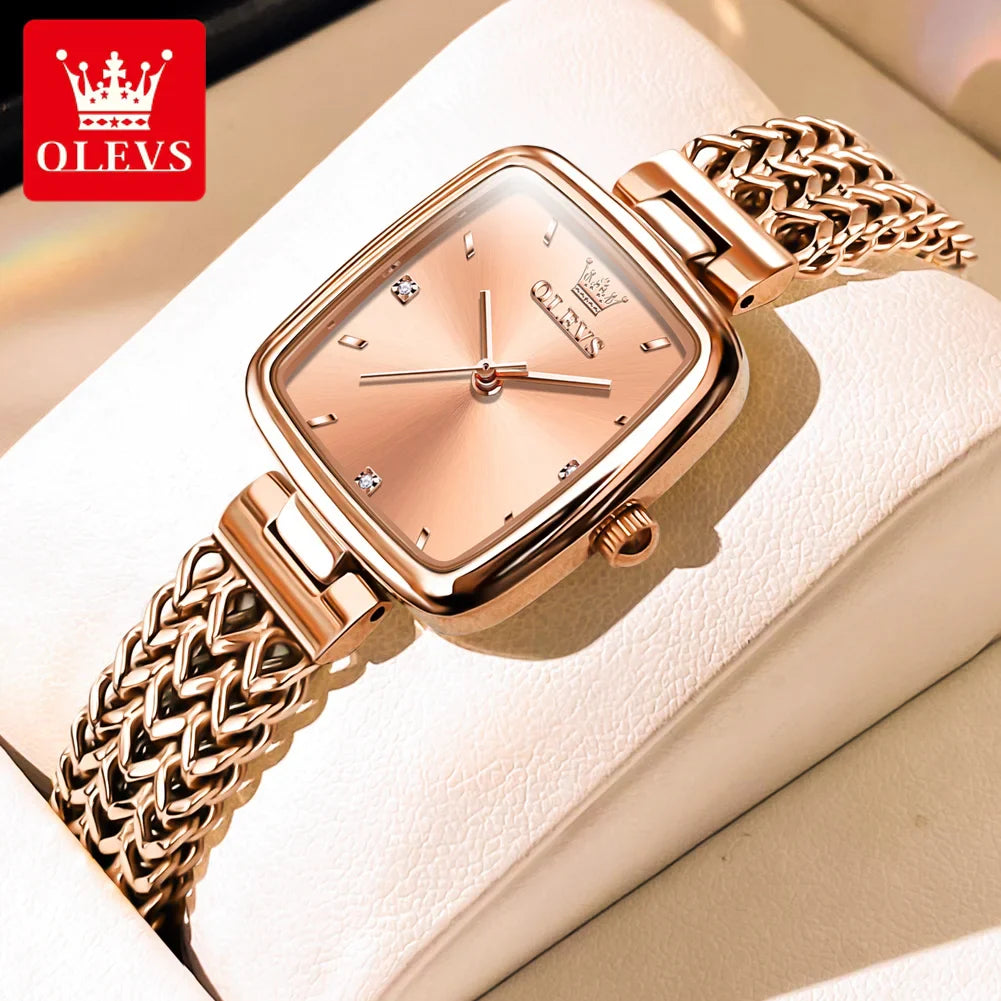 Relógio Feminino com Visor Quadrado em Aço Inox Rosa Dourado