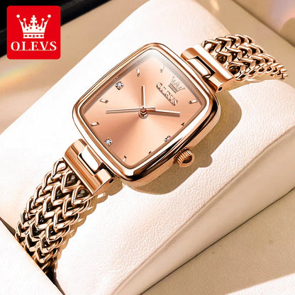 Relógio Feminino com Visor Quadrado em Aço Inox Rosa Dourado