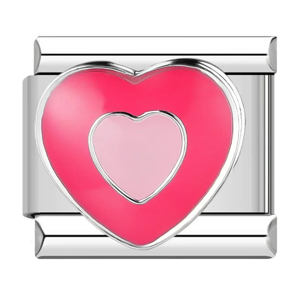 Charms Originais Pulseira Italiana em Aço Inoxidável Duplo Coração Rosa