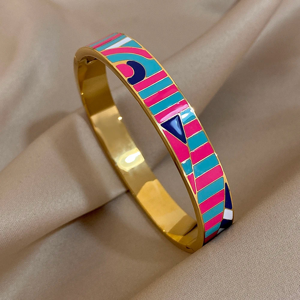 Pulseiras Rígidas Coloridas Riscas Azul Claro e Rosa