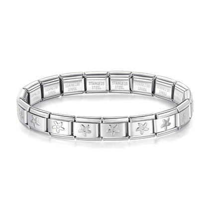 Pulseiras Originais Charms Flores e Borboletas em Aço Inoxidável Flor Prateada