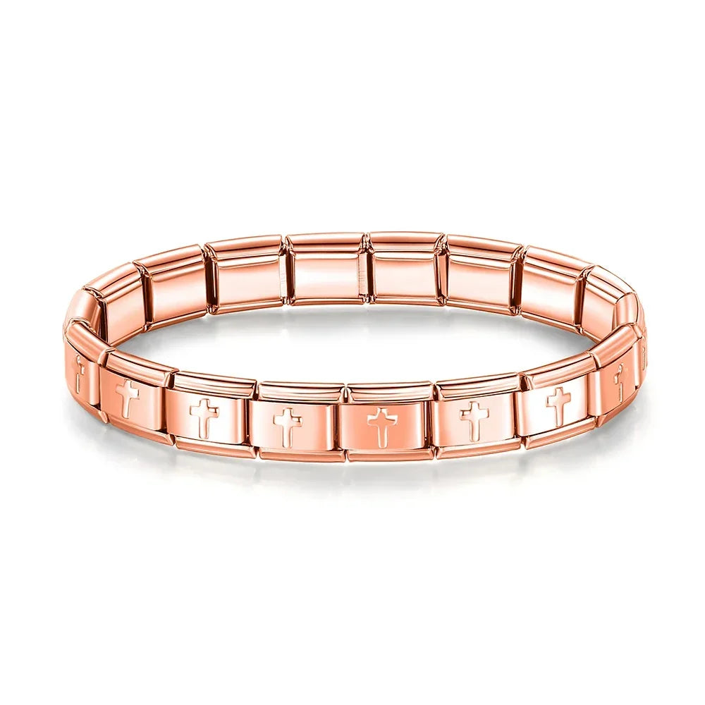 Pulseira Original Estilo Italiano Charms Patas e Cruz Cruz Rosa Dourado