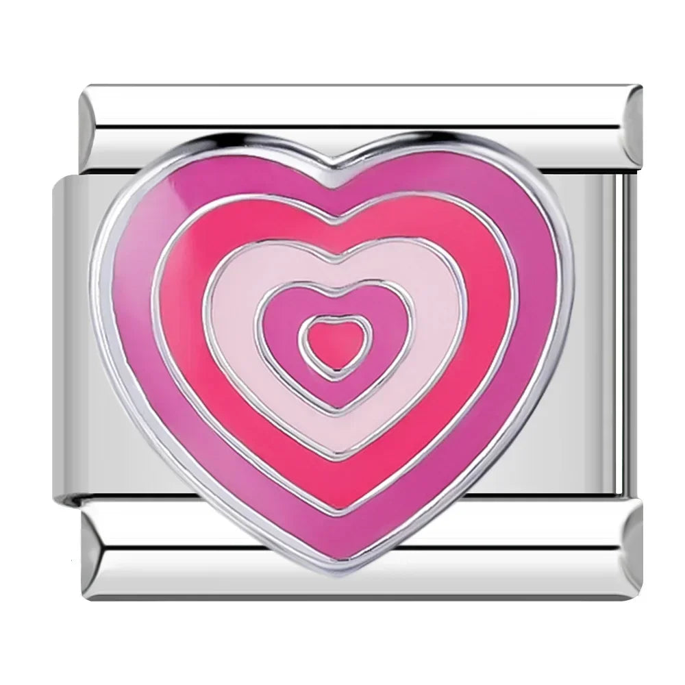 Charms Originais Pulseira Italiana em Aço Inoxidável Coração Rosa e Lilás