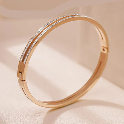 Pulseira Rígida Brilhante em Aço Inox Dupla Camada Rosa Dourado