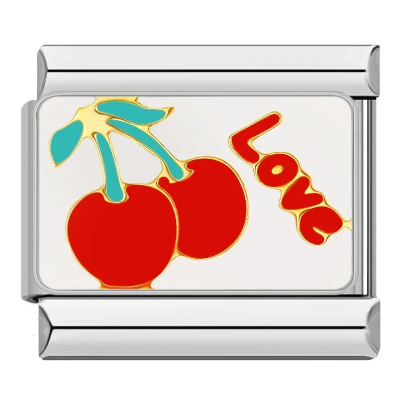 Charms Originais Pulseira Italiana em Aço Inoxidável Cerejas Love