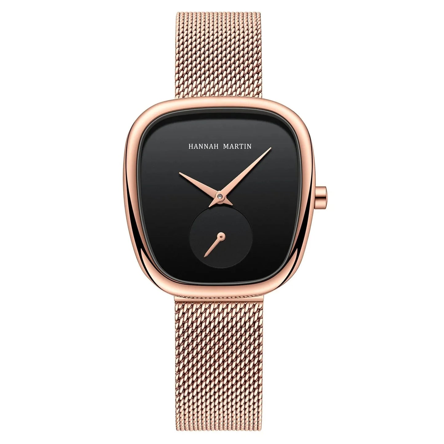 Relógio Feminino Glamoroso Hannah Martin Malha Rosa Dourado Fundo Escuro