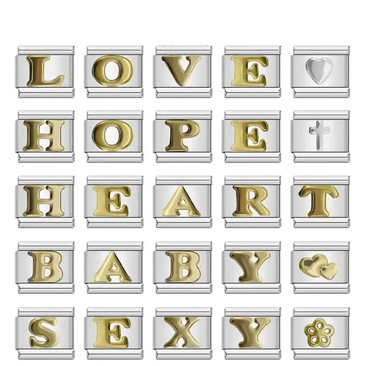 Charms Letras Pulseira Italiana em Aço Inoxidável