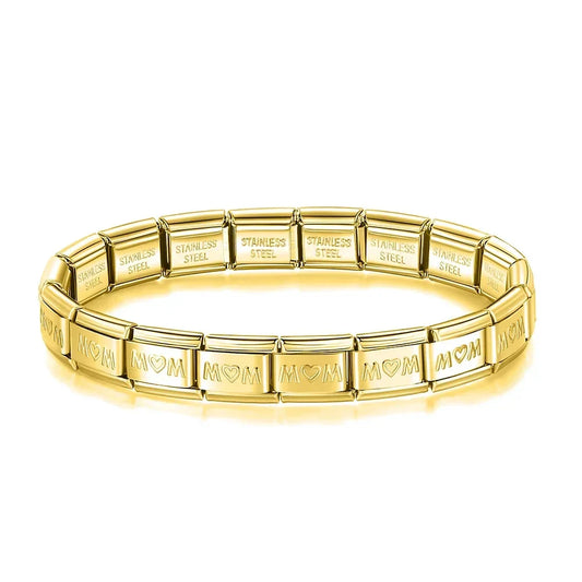 Pulseira Charms Mom e Princess em Aço Inoxidável MOM Dourado