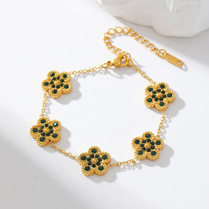 Pulseira de Trevos em Aço Inox Pedras Verde