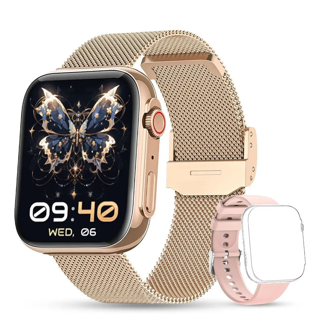 Smartwatch Bluetooth 1.91" Tela HD Malha Rosa Dourado + Silicone Rosa